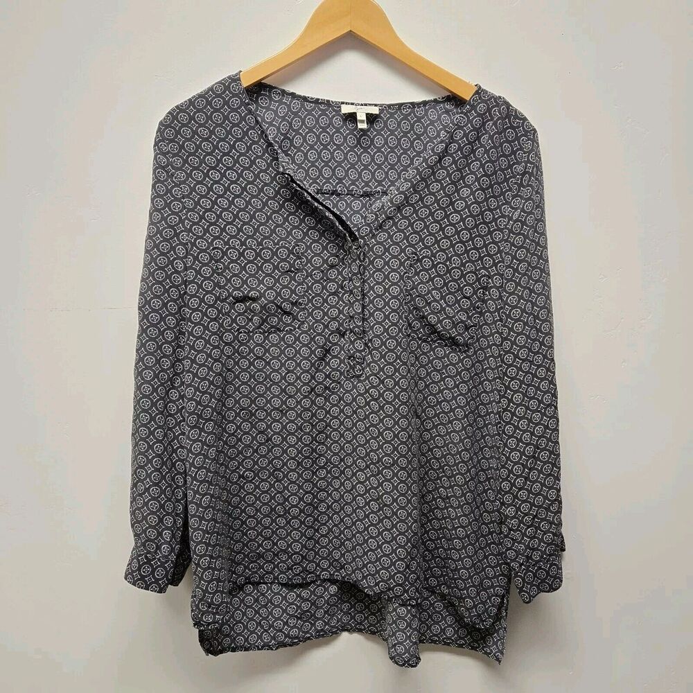 Joie Silk Blouse Womens sz Large Black Geometric Top Roll Tab Sleeve LS Tunic
